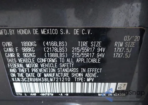 2020 Honda Hr-V Awd Lx z USA, uszkodzony, nr VIN 3CZRU6H38LM721210